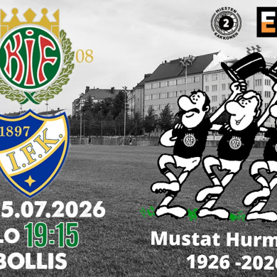 Promotional poster for a football event: left side shows two club crests, with date 25.07.2026 and time 19:15 at Bollis; right side features three cartoon players raising hats in celebration with the caption 'Mustat Hurmurit 1926-2026'; grayscale football field background and sponsor logos.