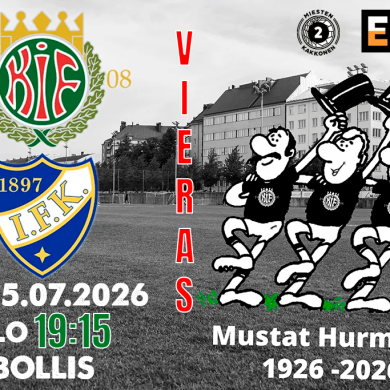 Promotional football poster: two club crests on the left, date 25.07.2026 and kickoff 19:15 at Bollis; vertical 'VIERAS' and cartoon players on the right; tribute text 'Mustat Hurmurit 1926–2026' with sponsor logos (ETKO).